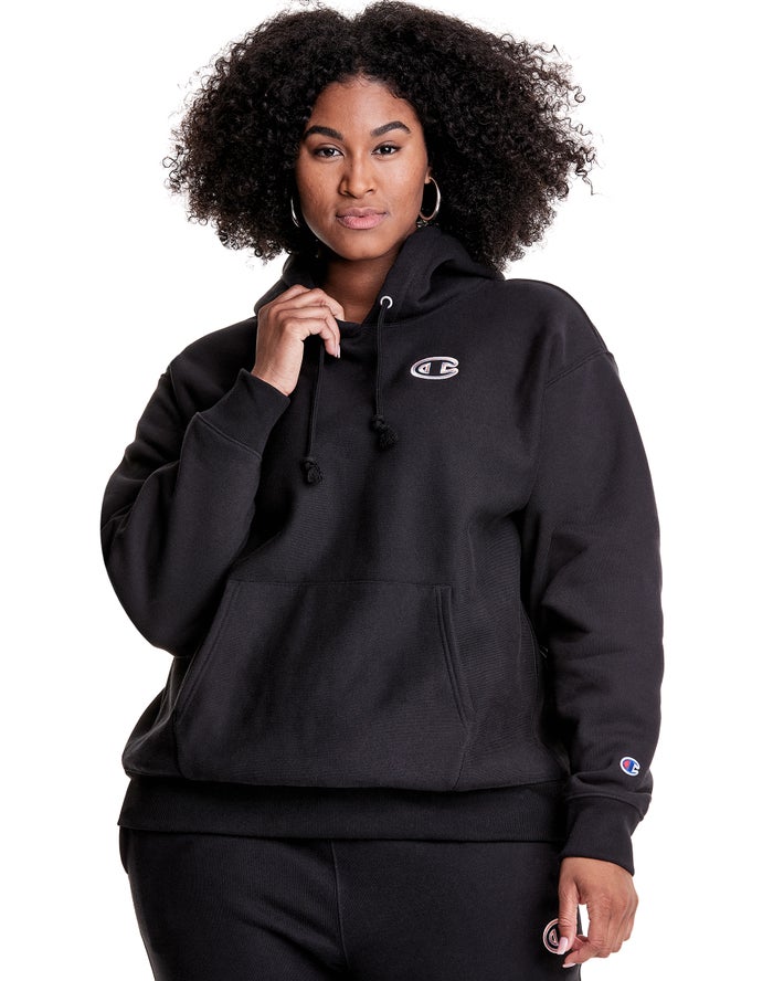 Champion Womens Hoodie NZ - Plus Reverse Weave Triple Outline Logo Black ( 3241-PWXLY )